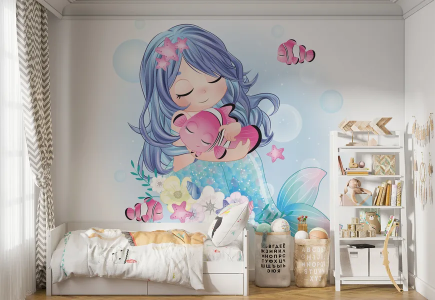 پوستر دیواری سه بعدی اتاق کودک و نوزاد طرح کاراکتر پری دریایی ناز