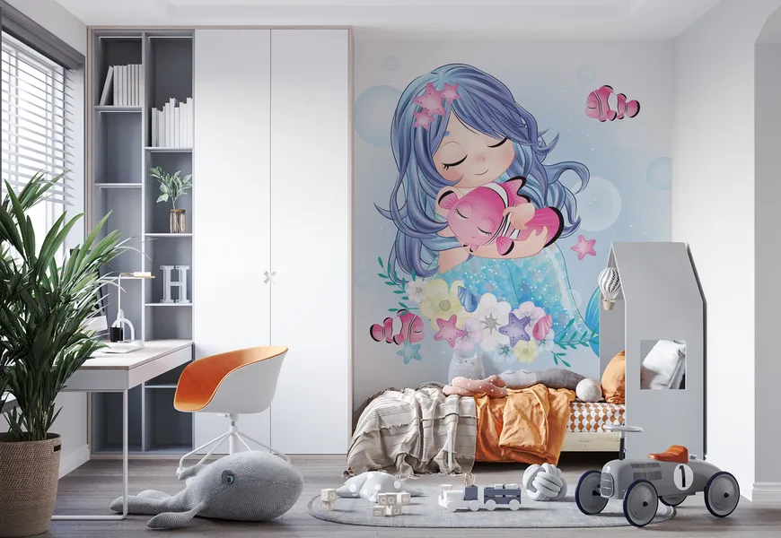 پوستر دیواری سه بعدی اتاق کودک و نوزاد طرح کاراکتر پری دریایی ناز