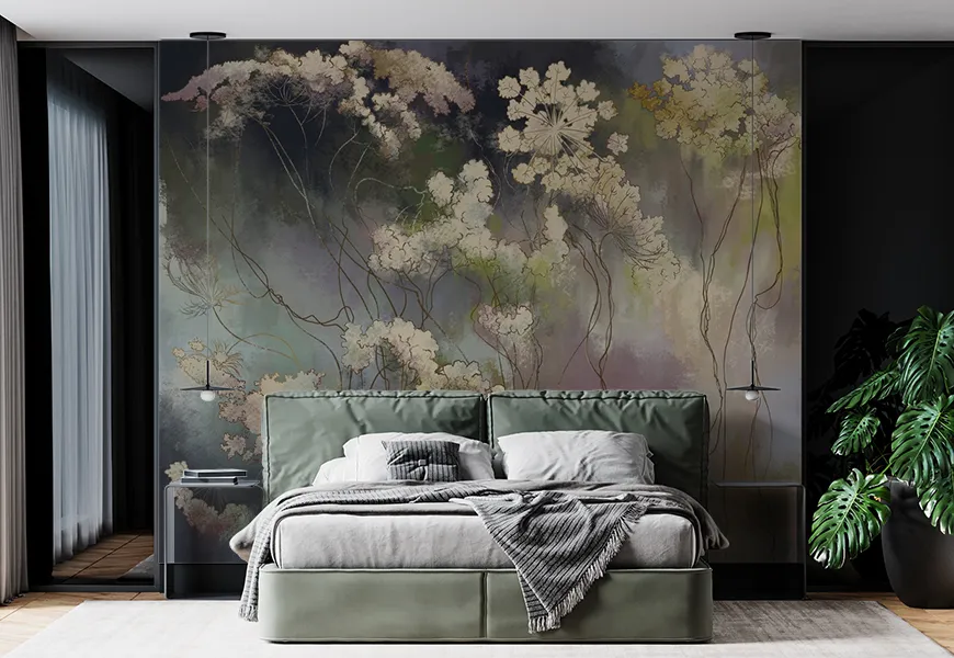 پوستر نقاشی اتاق خواب گلهای وحشی گرافیکی با زمینه تیره