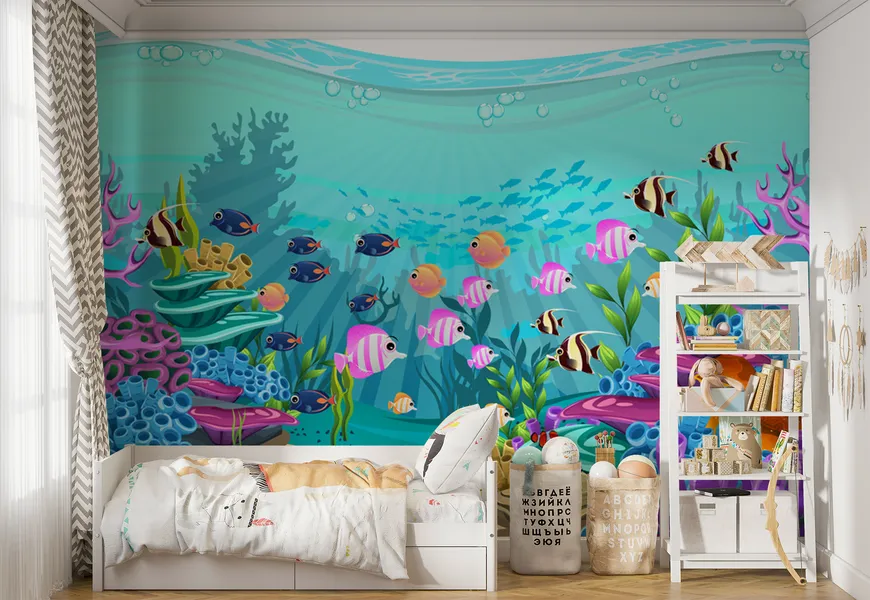 پوستر سه بعدی اتاق کودک و نوزاد طرح کارتونی ماهی های استوایی