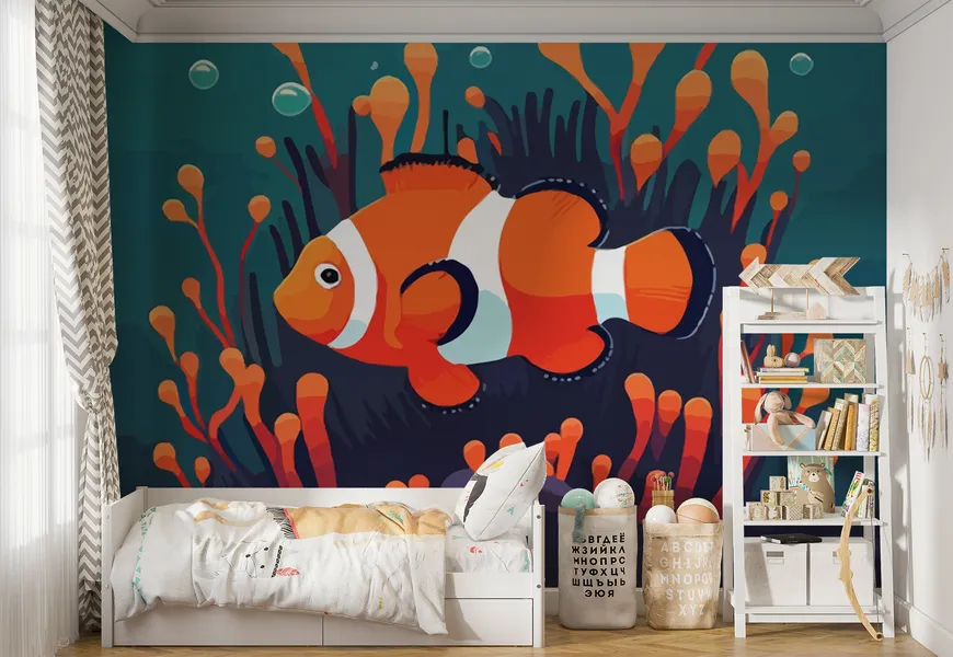 کاغذ دیواری اتاق کودک و نوزاد طرح کارتونی دلقک ماهی