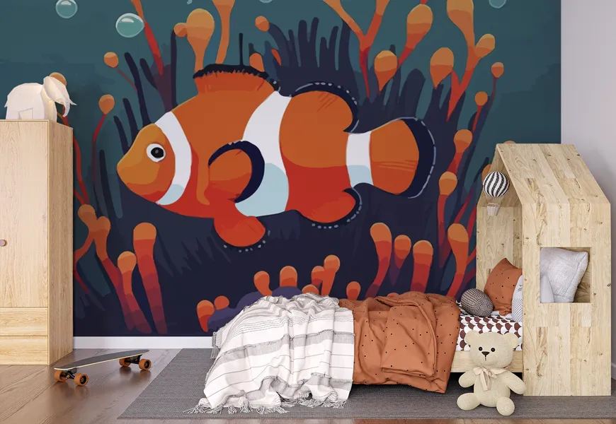 کاغذ دیواری اتاق کودک و نوزاد طرح کارتونی دلقک ماهی