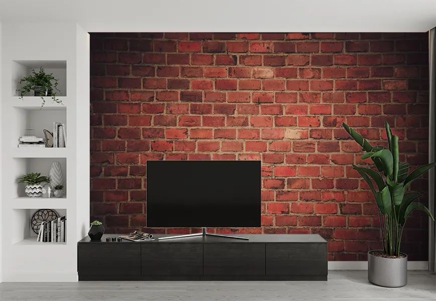 کاغذ دیواری سه بعدی پشت تلویزیون طرح دیوار آجری