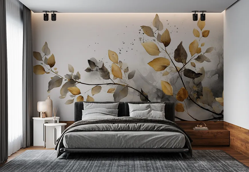 کاغذ دیواری سه بعدی نقاشی اتاق خواب طرح برگ