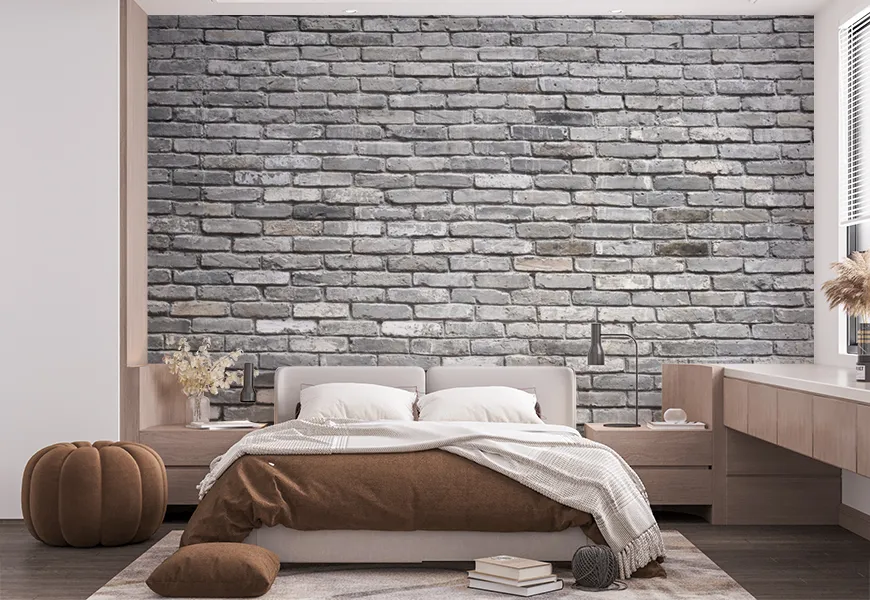 کاغذ دیواری سه بعدی اتاق خواب طرح دیوار آجری خاکستری
