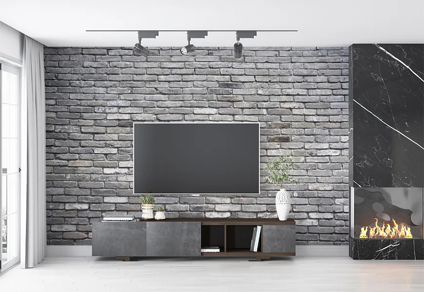 کاغذ دیواری سه بعدی پشت تلویزیون طرح دیوار آجری خاکستری