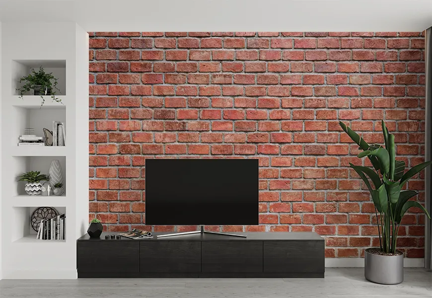 کاغذ دیواری سه بعدی پشت تلویزیون طرح دیوار آجری