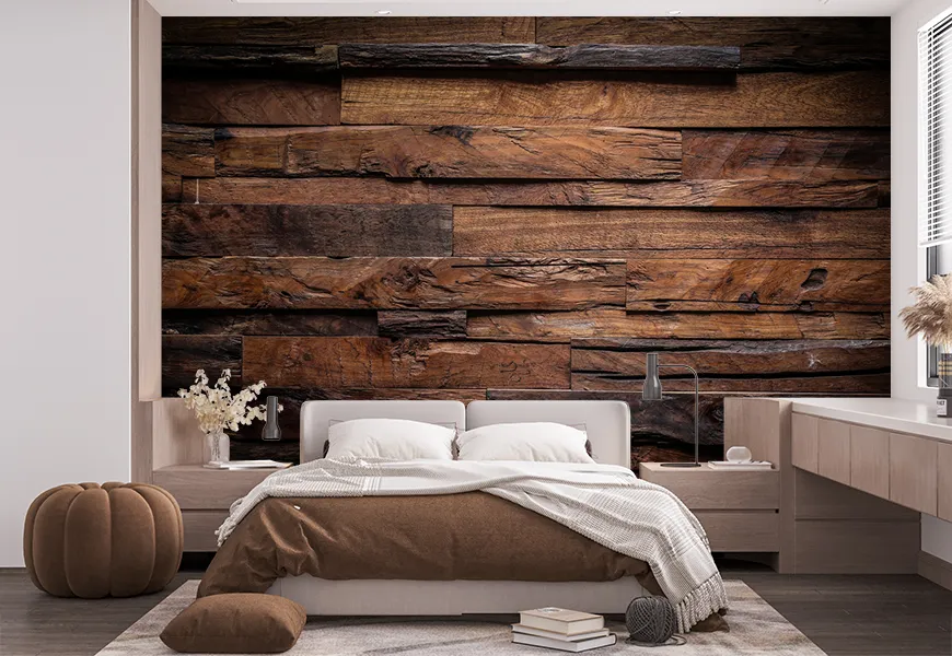 کاغذ دیواری سه بعدی اتاق خواب طرح چوب برجسته