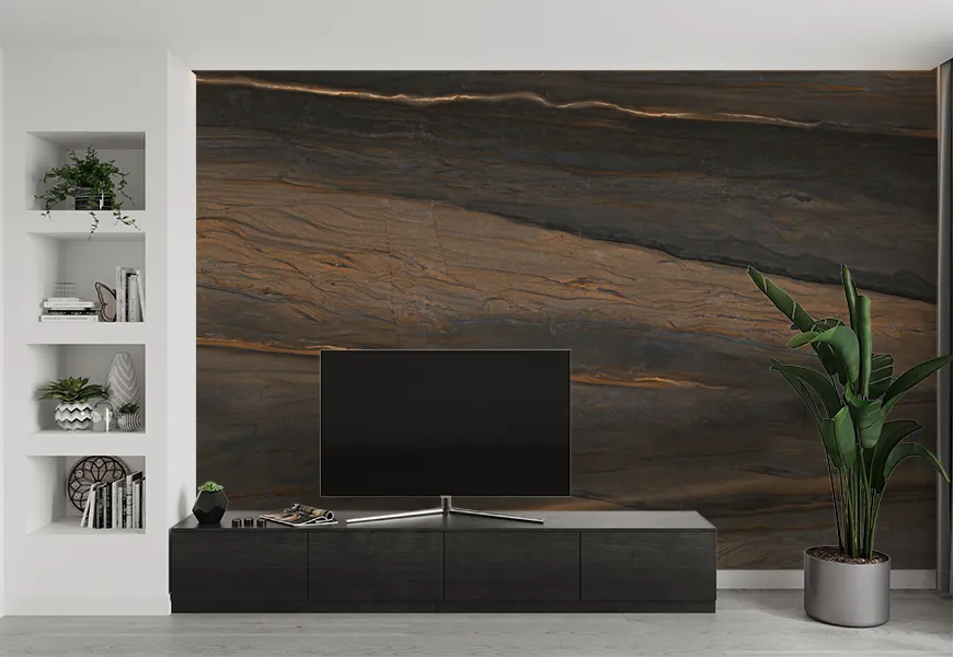 پوستر سه بعدی پشت تلویزیون طرح دیوار چوبی طبیعی