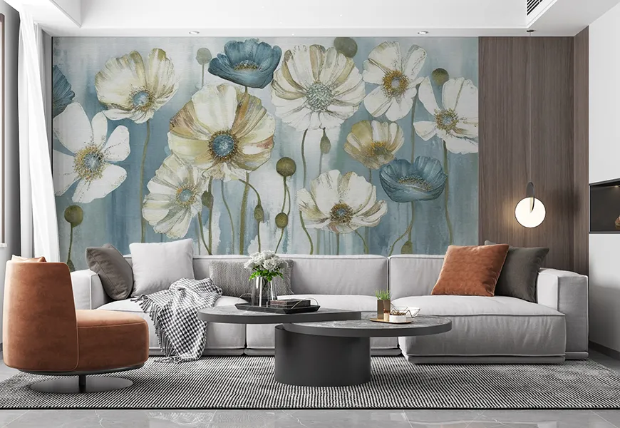 پوستر سه بعدی نقاشی آبرنگ طرح گل شقایق آبی