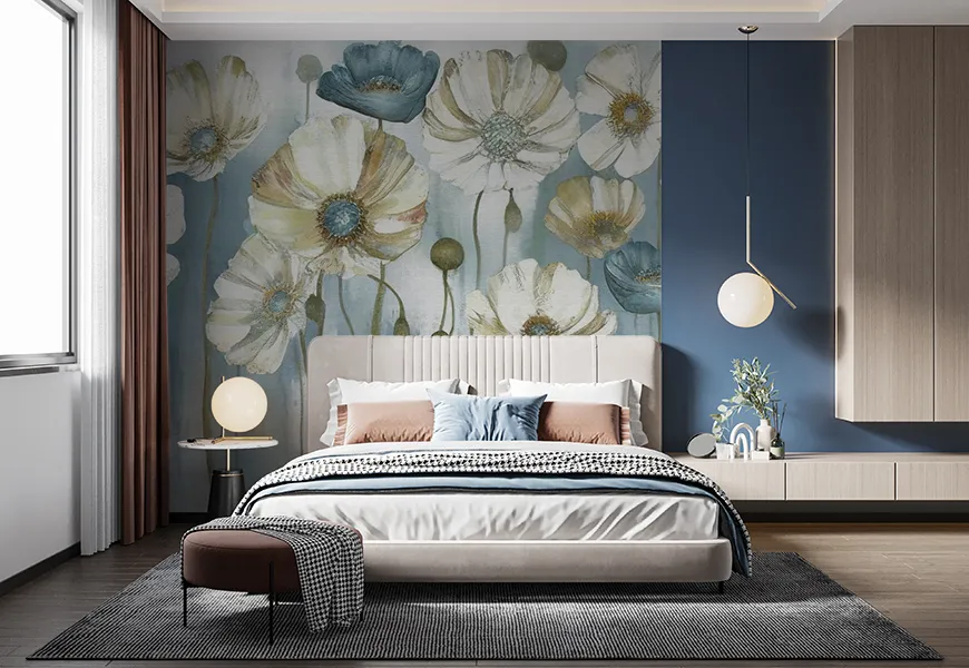 پوستر سه بعدی نقاشی آبرنگ طرح گل شقایق آبی