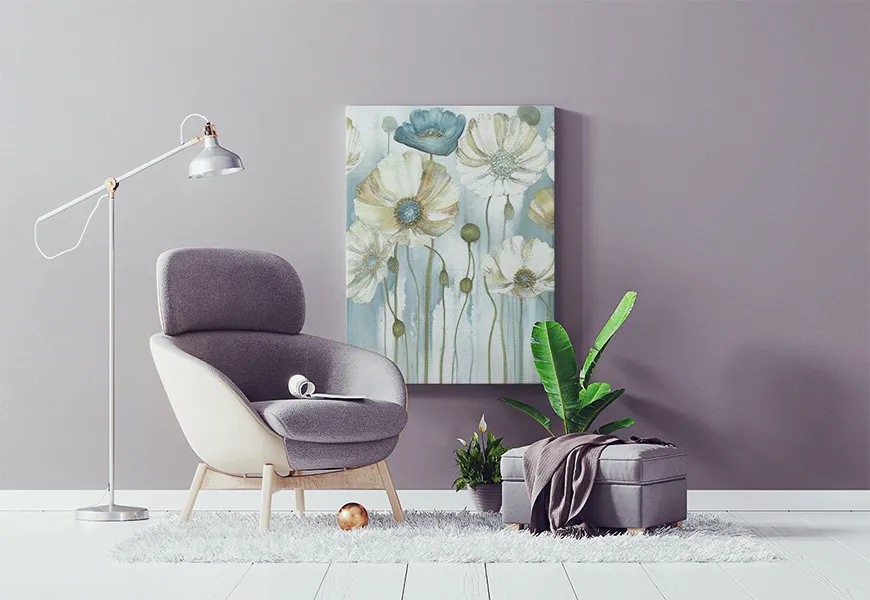 پوستر سه بعدی نقاشی آبرنگ راهرو طرح گل شقایق آبی