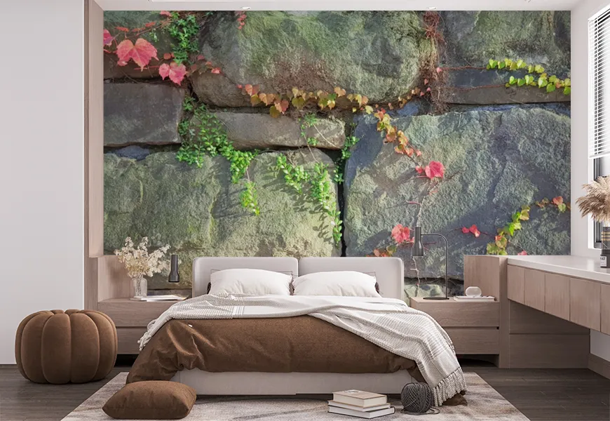 پوستر سه بعدی اتاق خواب طرح دیوار سنگ چین