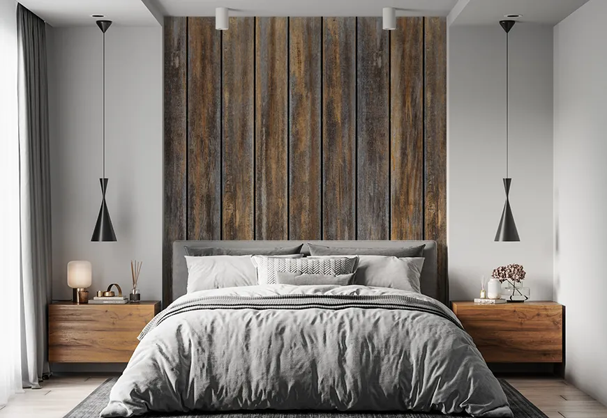 کاغذ دیواری سه بعدی چوبی اتاق خواب طرح راه راه