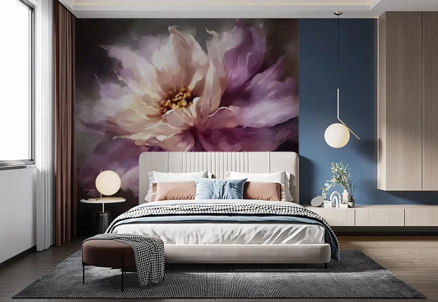 کاغذ دیواری سه بعدی نقاشی آبرنگ اتاق خواب تک گل بنفش