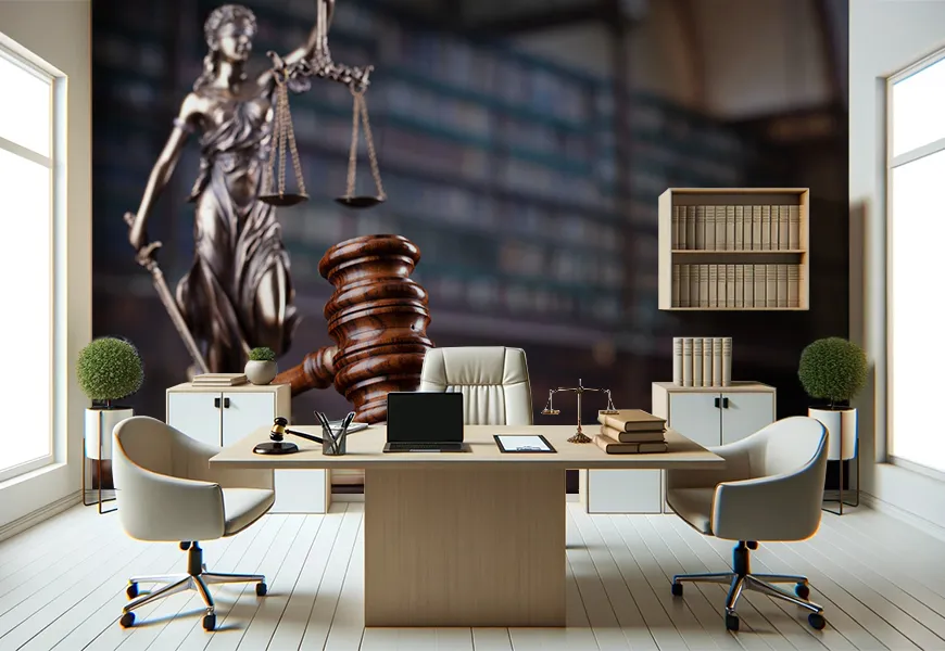 کاغذ دیواری سه بعدی دفتر وکالت طرح مجسمه عدالت