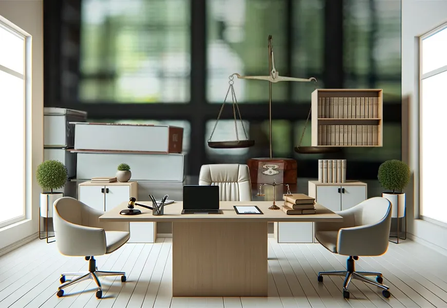 پوستر سه بعدی دفتر وکالت طرح بسته میز قانون