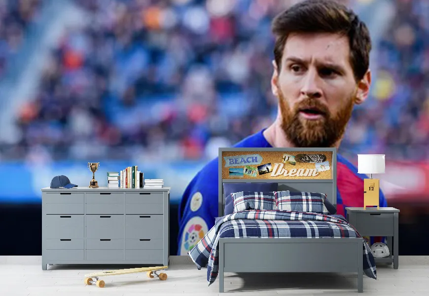 کاغذ دیواری فوتبالی برای اتاق خواب پسرانه طرح پرتره مسی