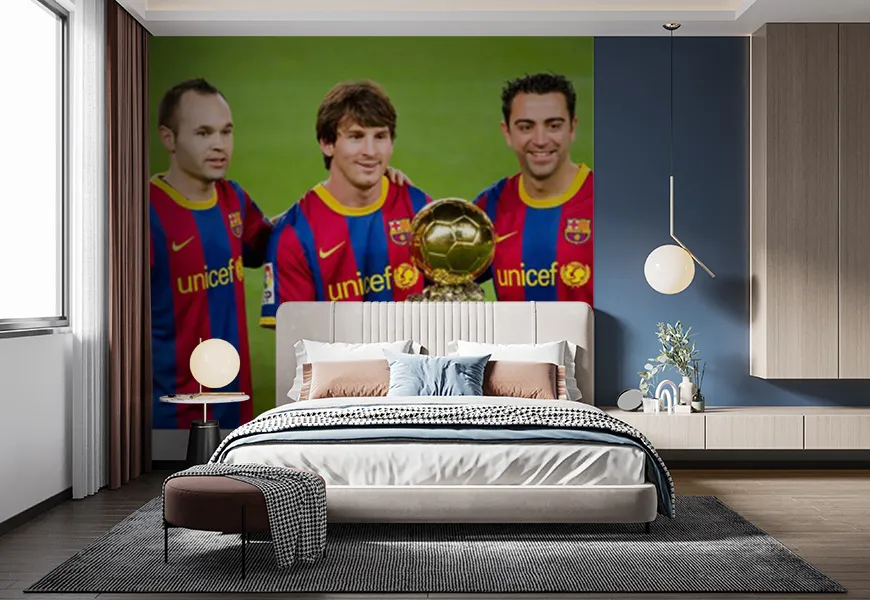 کاغذ دیواری ورزشی برای اتاق خواب پسرانه طرح تیم بارسلونا با کاپ طلایی