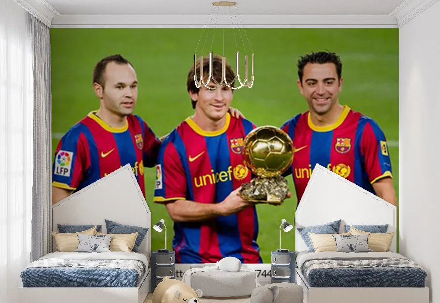 کاغذ دیواری ورزشی برای اتاق خواب پسرانه طرح تیم بارسلونا با کاپ طلایی