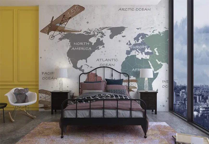 کاغذ دیواری سه بعدی اتاق خواب پسرانه طرح نقشه جهان