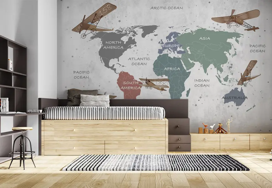 کاغذ دیواری سه بعدی اتاق خواب پسرانه طرح نقشه جهان