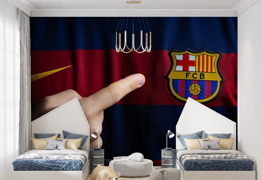 کاغذ دیواری ورزشی اتاق خواب پسرانه طرح لوگو بارسلونا