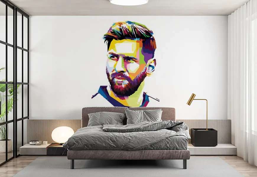 کاغذ دیواری ورزشی اتاق خواب پسرانه طرح نقاشی آبرنگ چهره مسی