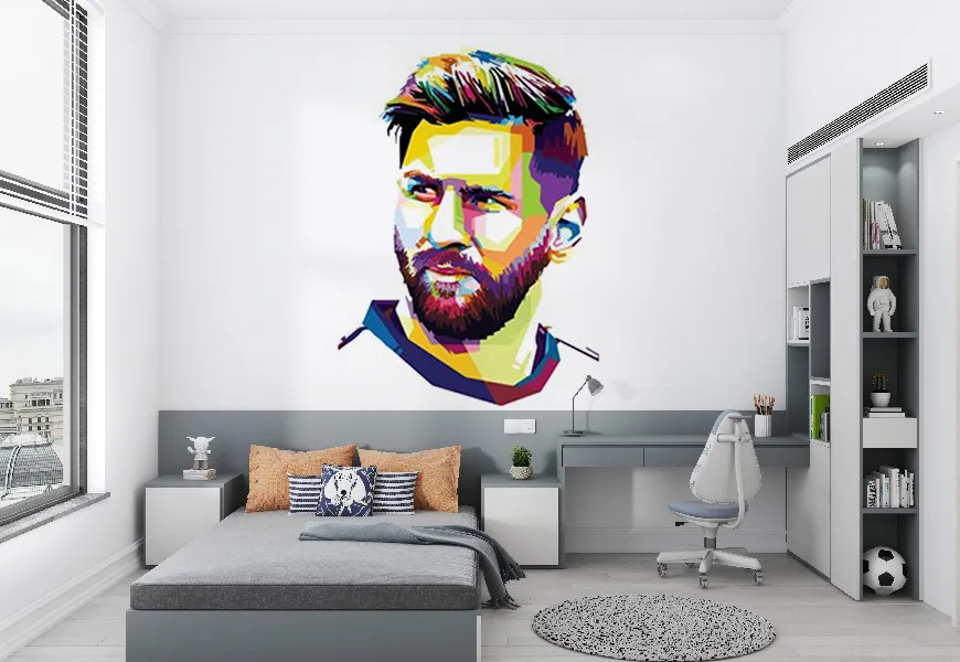 کاغذ دیواری ورزشی اتاق خواب پسرانه طرح نقاشی آبرنگ چهره مسی