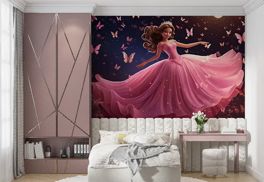 پوستر اتاق دخترانه طرح کارتونی شاهزاده با لباس صورتی