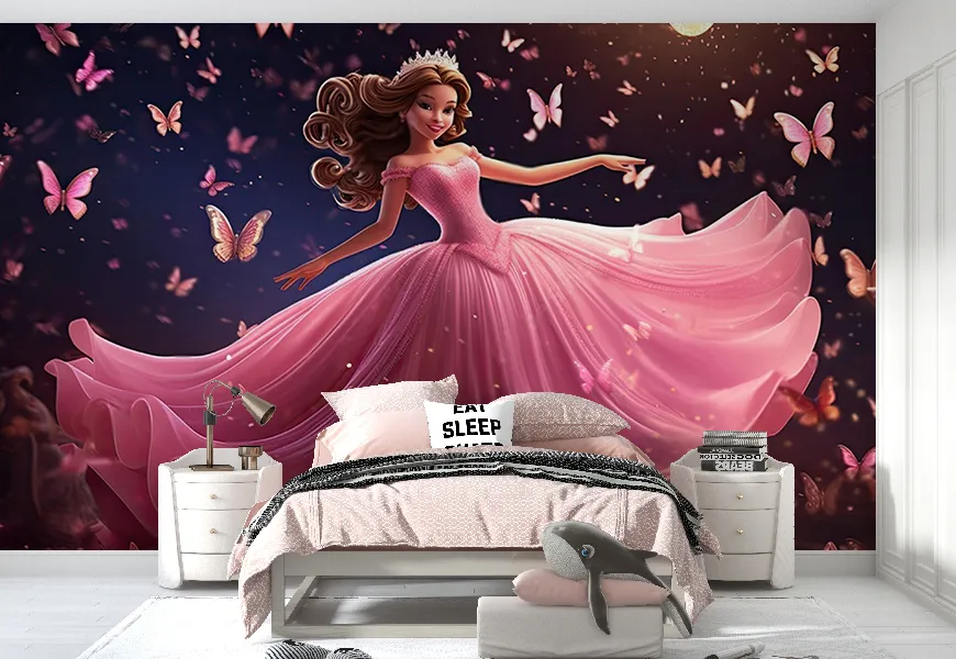 پوستر اتاق دخترانه طرح کارتونی شاهزاده با لباس صورتی