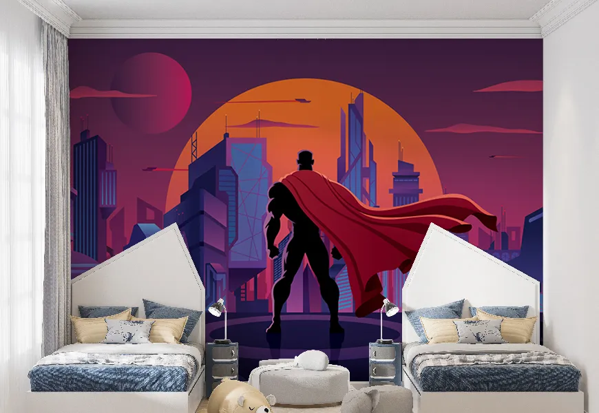 پوستر دیواری اتاق پسر طرح سوپر من در شهر