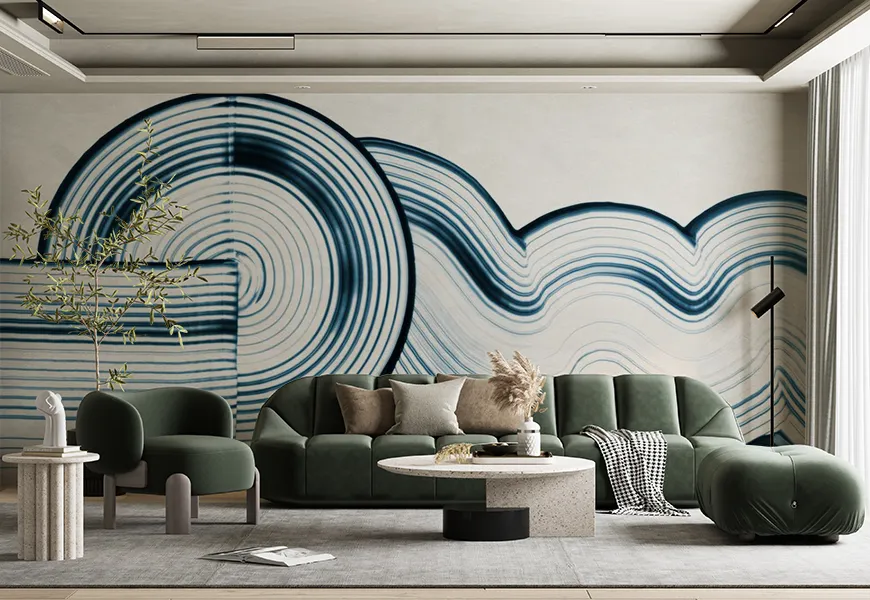 کاغذ دیواری هنری طرح انتزاعی با بافت موجی آبی سفید