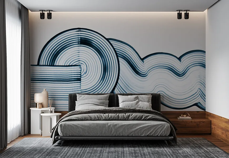 کاغذ دیواری هنری طرح انتزاعی با بافت موجی آبی سفید