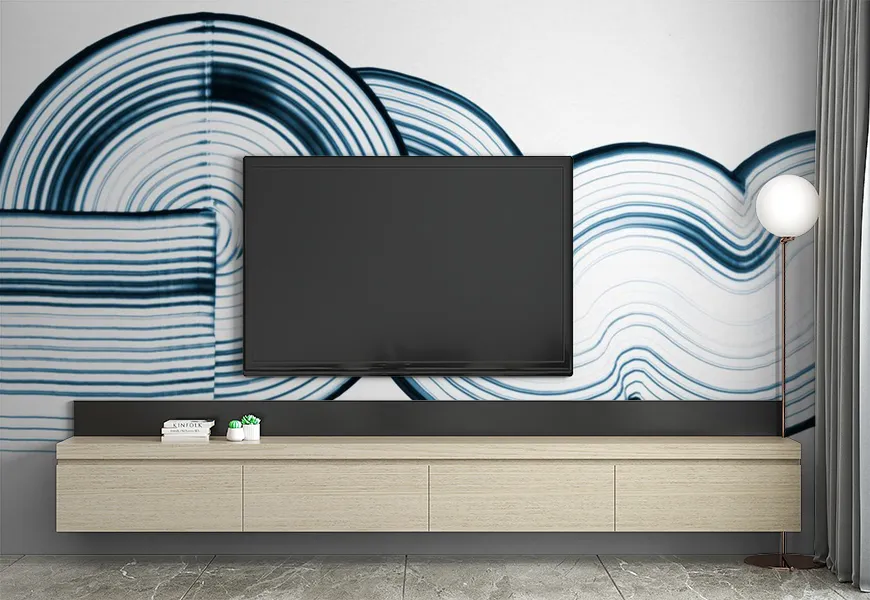 کاغذ دیواری هنری پشت تیوی طرح انتزاعی خاص با بافت موجی آبی سفید