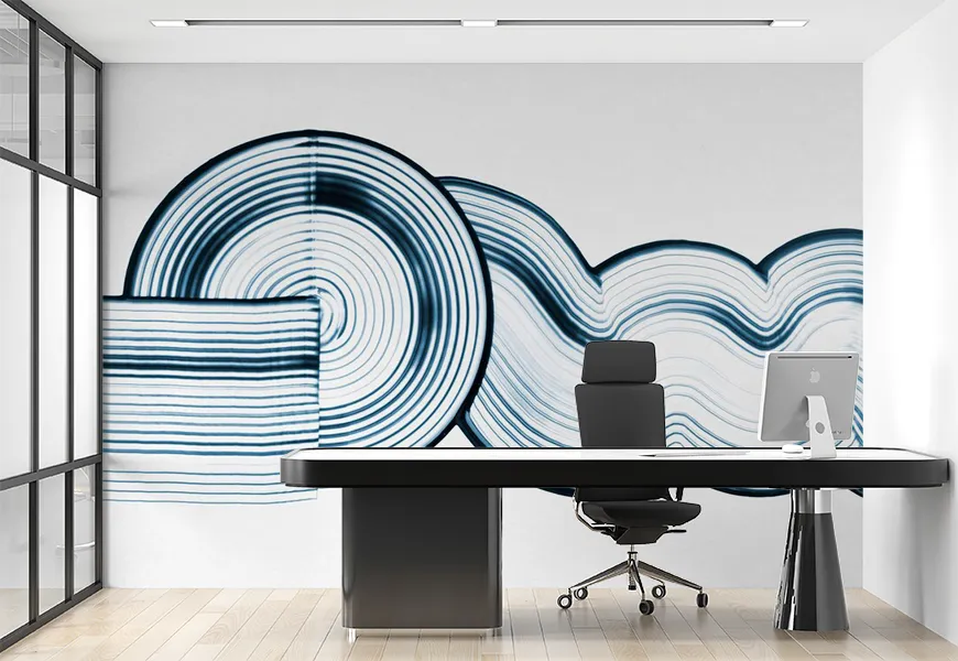 کاغذ دیواری هنری اداری طرح انتزاعی خاص با بافت موجی آبی سفید