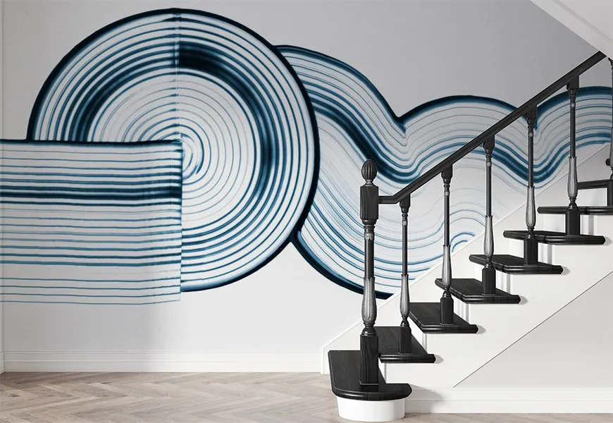 کاغذ دیواری هنری راهرو طرح انتزاعی خاص با بافت موجی آبی سفید