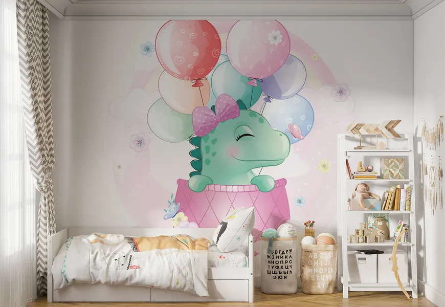 پوستر دیواری اتاق کودک طرح دایناسور بالن سوار