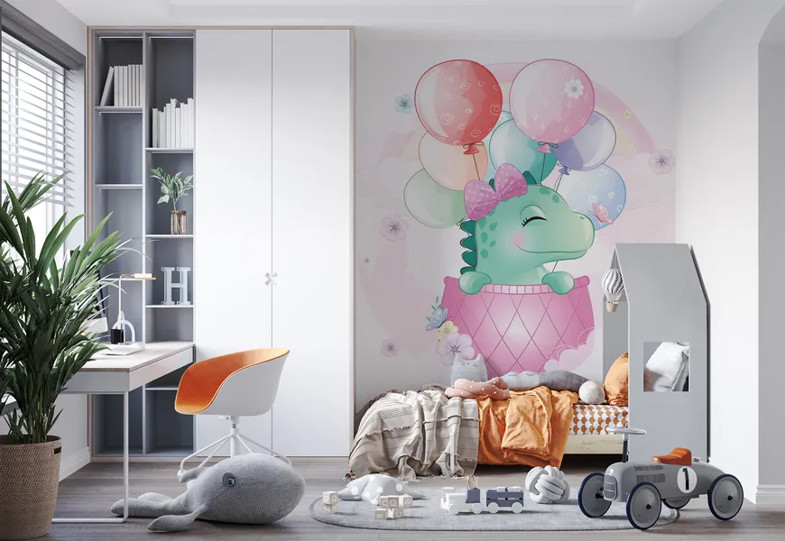 پوستر دیواری اتاق کودک طرح دایناسور بالن سوار