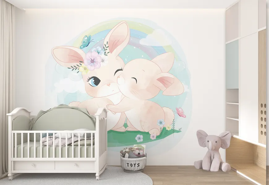 کاغذ دیواری برای اتاق کودک طرح زوج خرگوش بامزه