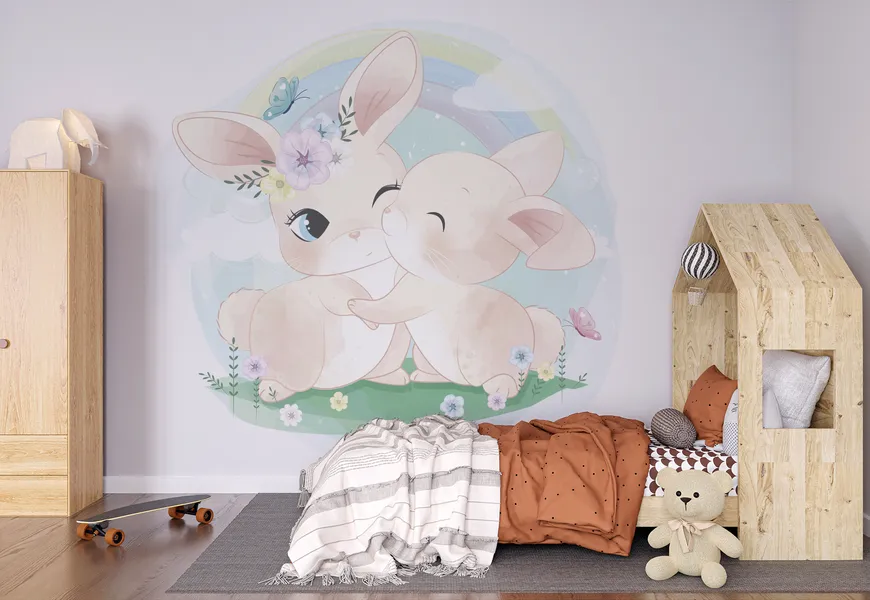 کاغذ دیواری برای اتاق کودک طرح زوج خرگوش بامزه