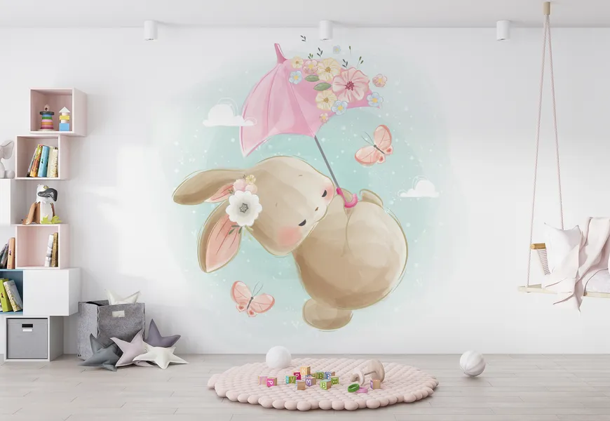 پوستر اتاق کودک طرح خرگوش و چتر پرنده