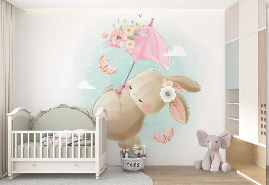 پوستر اتاق کودک طرح خرگوش و چتر پرنده
