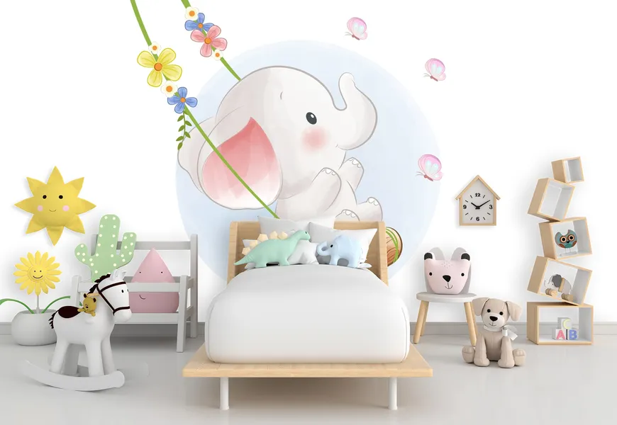 پوستر نقاشی آبرنگ اتاق کودک طرح فیل کوچک روی تاب