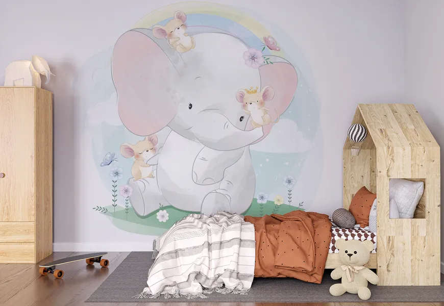 پوستر اتاق کودک طرح فیل ناز در حال بازی موش کوچولو