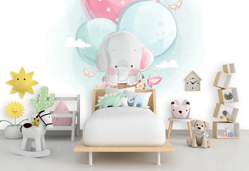 پوستر اتاق کودک طرح بالون فیل در حال پرواز