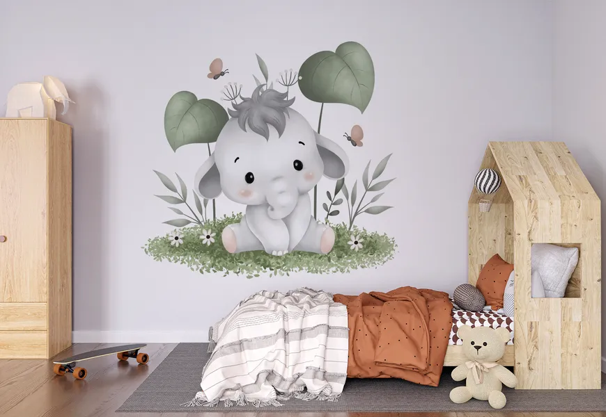 کاغذ دیواری اتاق کودک طرح بچه فیل نشسته