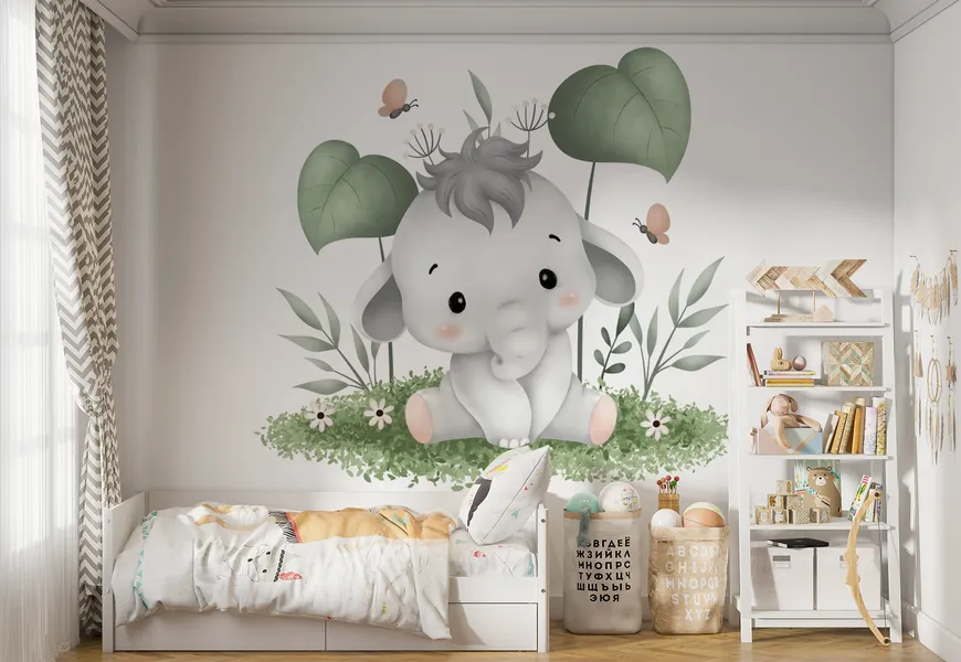 کاغذ دیواری اتاق کودک طرح بچه فیل نشسته