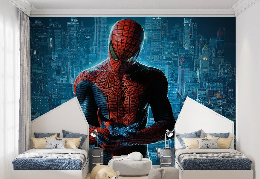 کاغذ دیواری برای اتاق پسرانه طرح مرد عنکبوتی بربام شهر