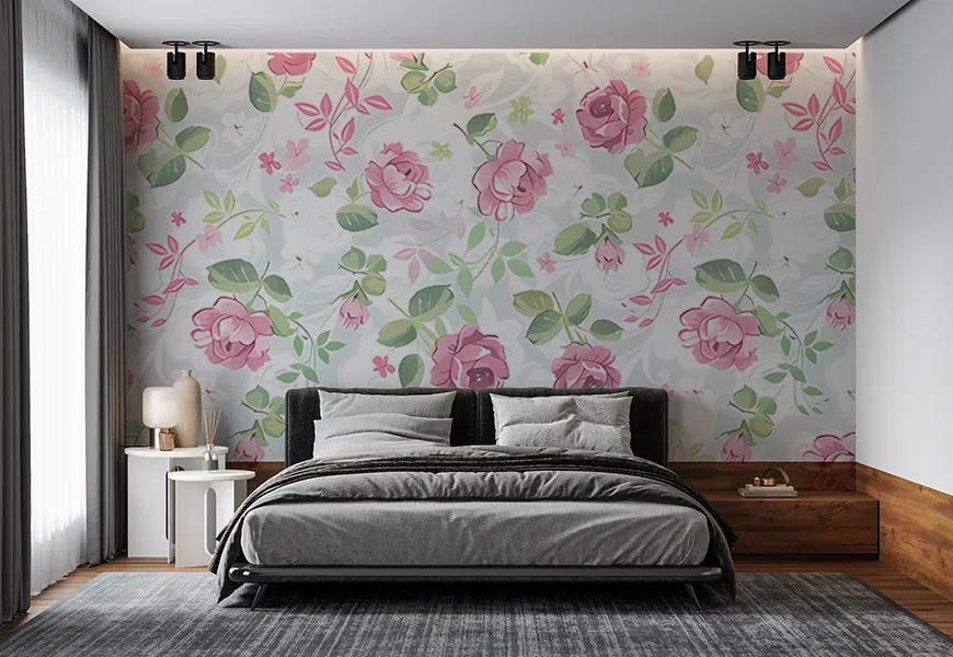 پوستر سه بعدی اتاق خواب زن و شوهر طرح گل رز قرمز